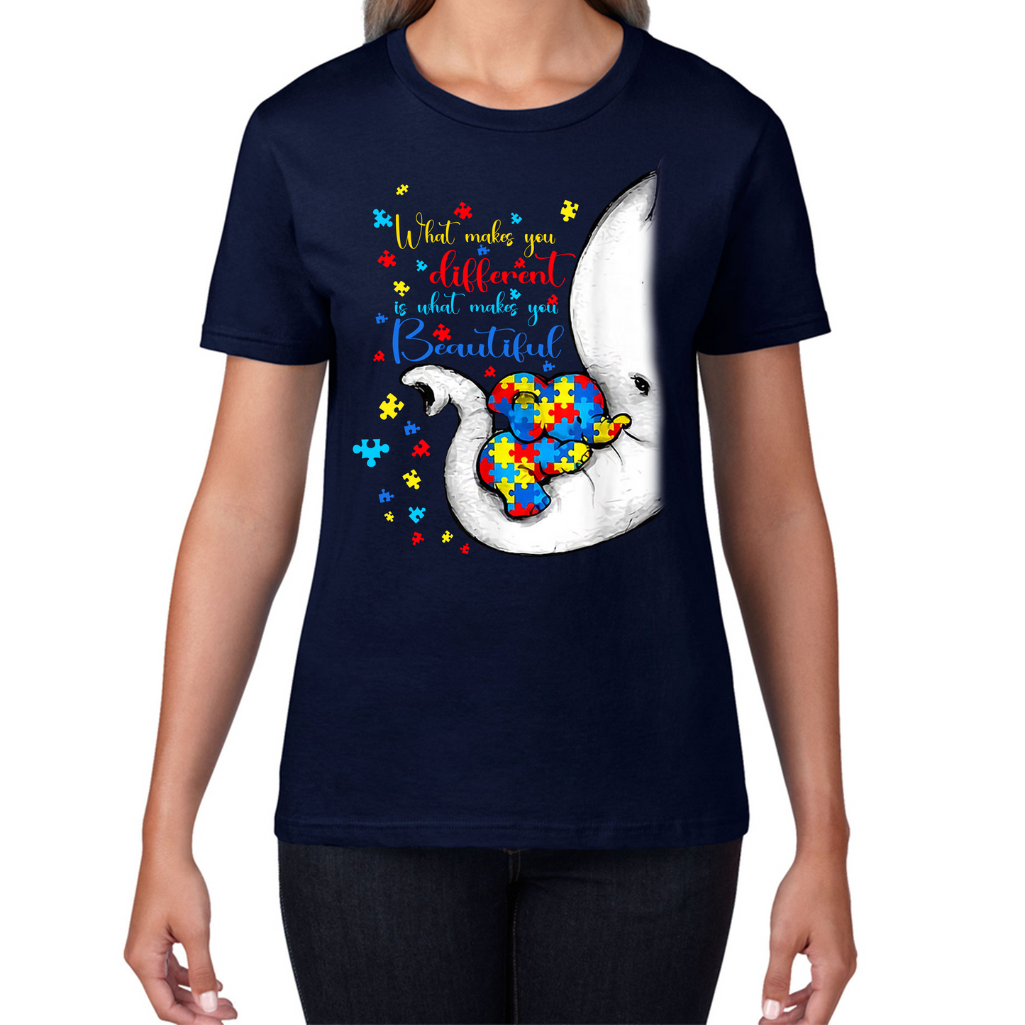 Autism Awareness Elephant What Makes You Different Is What Makes You Beautiful Ladies T Shirt