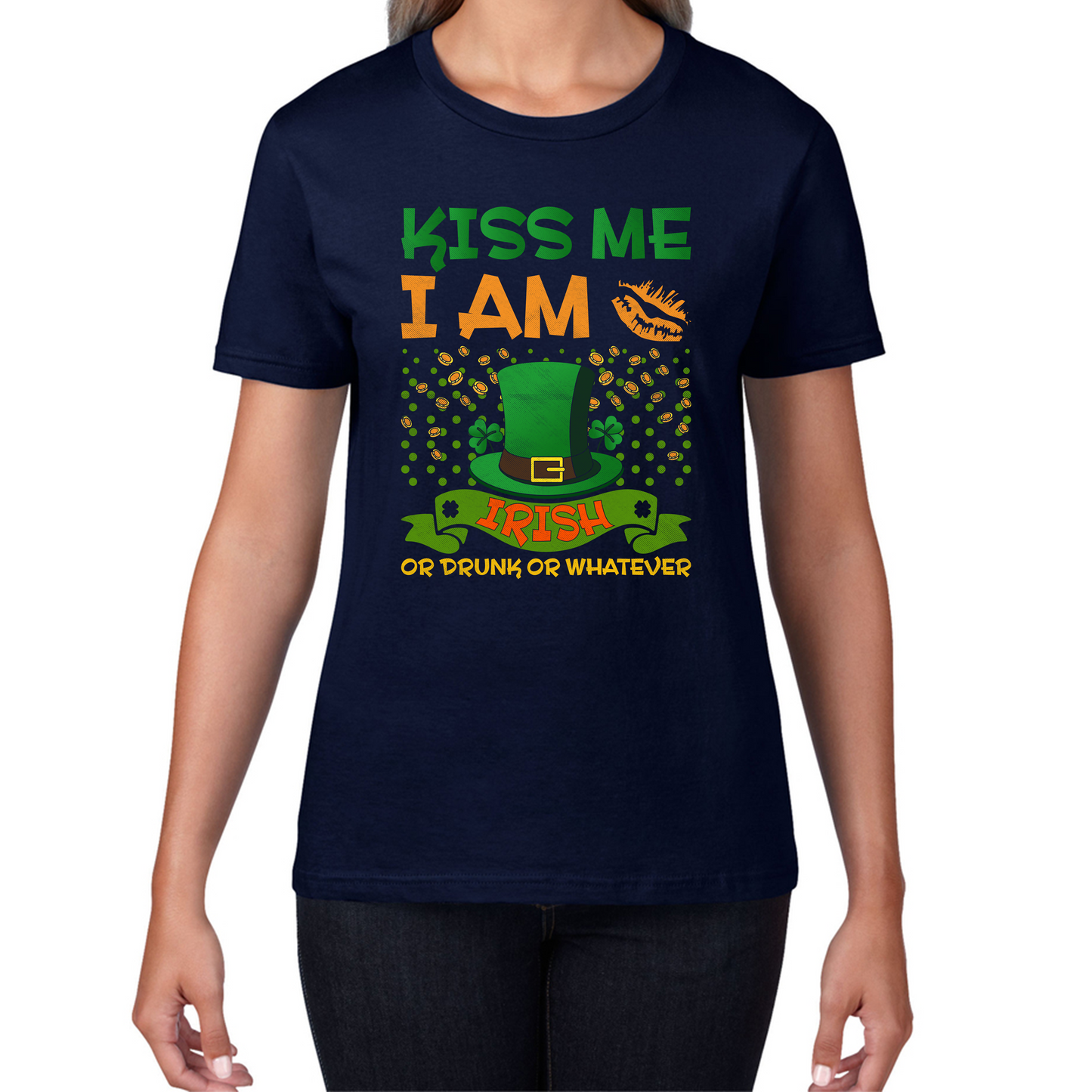 Kiss Me I Am Irish Or Drunk Or Whatever St Patricks Day Leprechaun Shamrock Drinking Team Womens Tee Top
