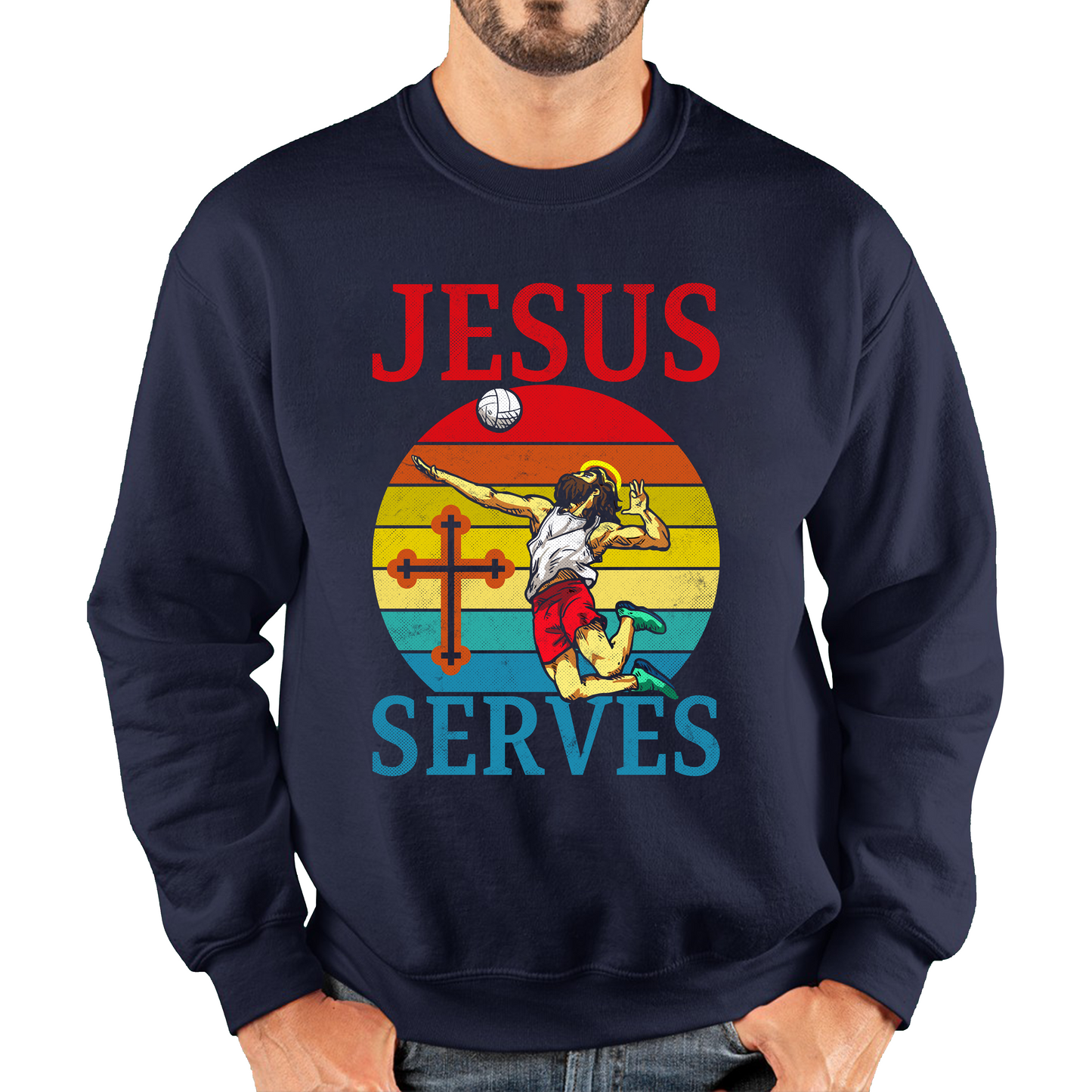 Jesus Serves Volleyball Vintage Jesus Christ Volleyball Sports Christian Religious Unisex Sweatshirt