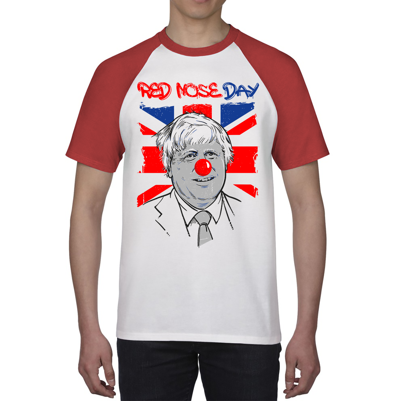 Red Nose Day PM Boris Johnson Baseball T Shirt. 50% Goes To Charity