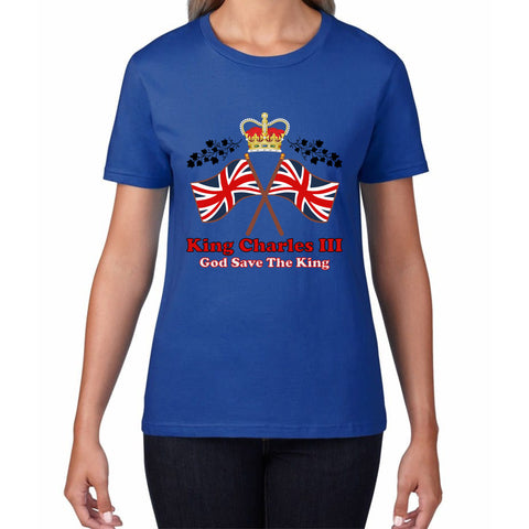 King Charles III Coronation God Save The King United Kingdom Flag Royal Crown CR III His Majesty Womens Tee Top