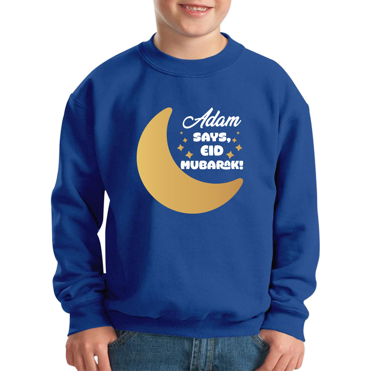 Personalised Your Name Says Eid Mubarak Moon Islamic Blessed Festive Celebration Religious Holy Month Kids Jumper