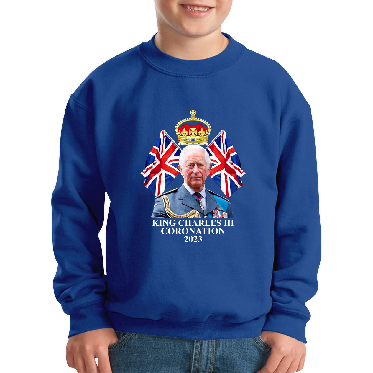 King Charles III Coronation 2023 British United Kingdom Uk Flags CR III Royal Crown Ruling Monarch Of England Kids Jumper