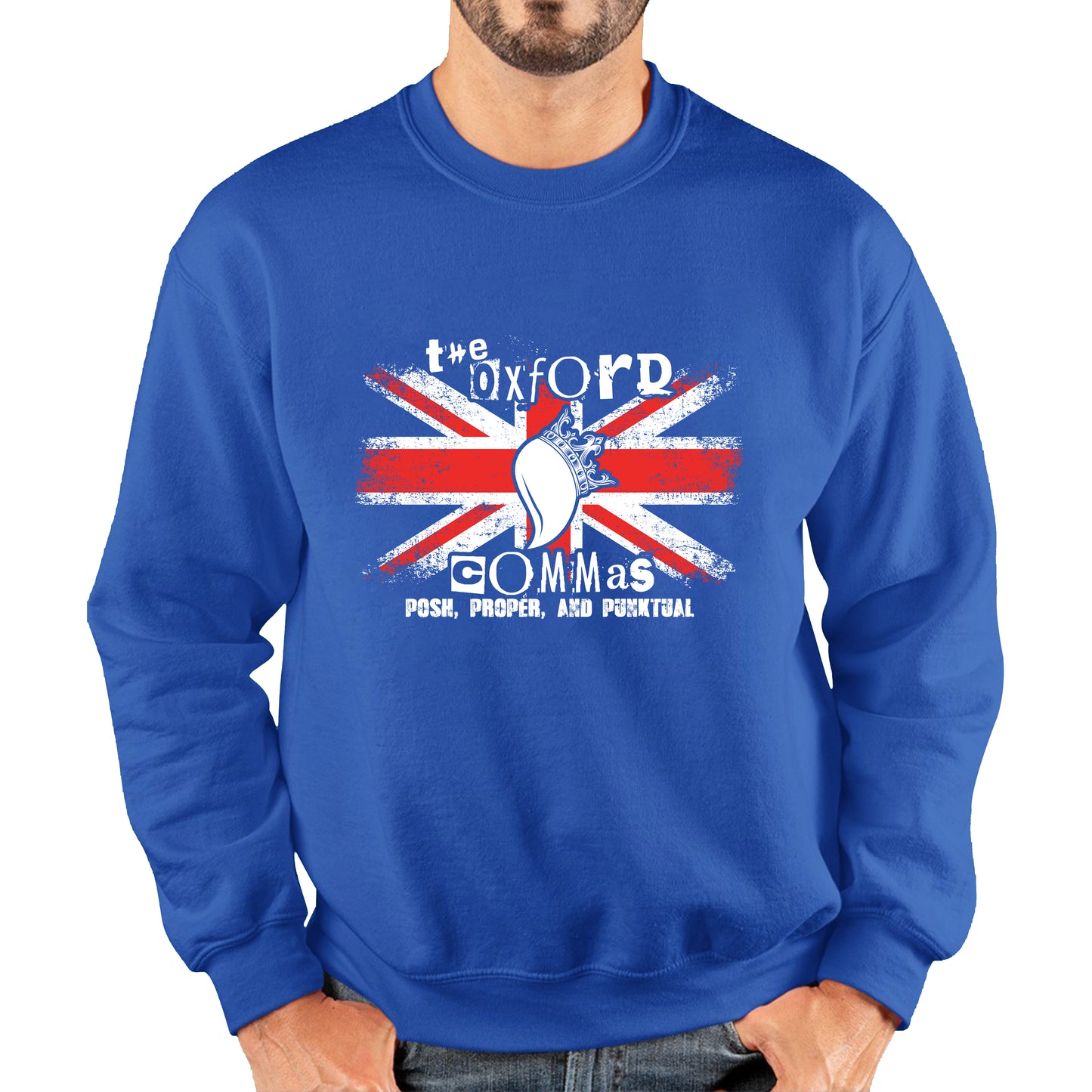 The Oxford Commas Push, Proper and Punktual Funny Grammar UK Flag Unisex Sweatshirt