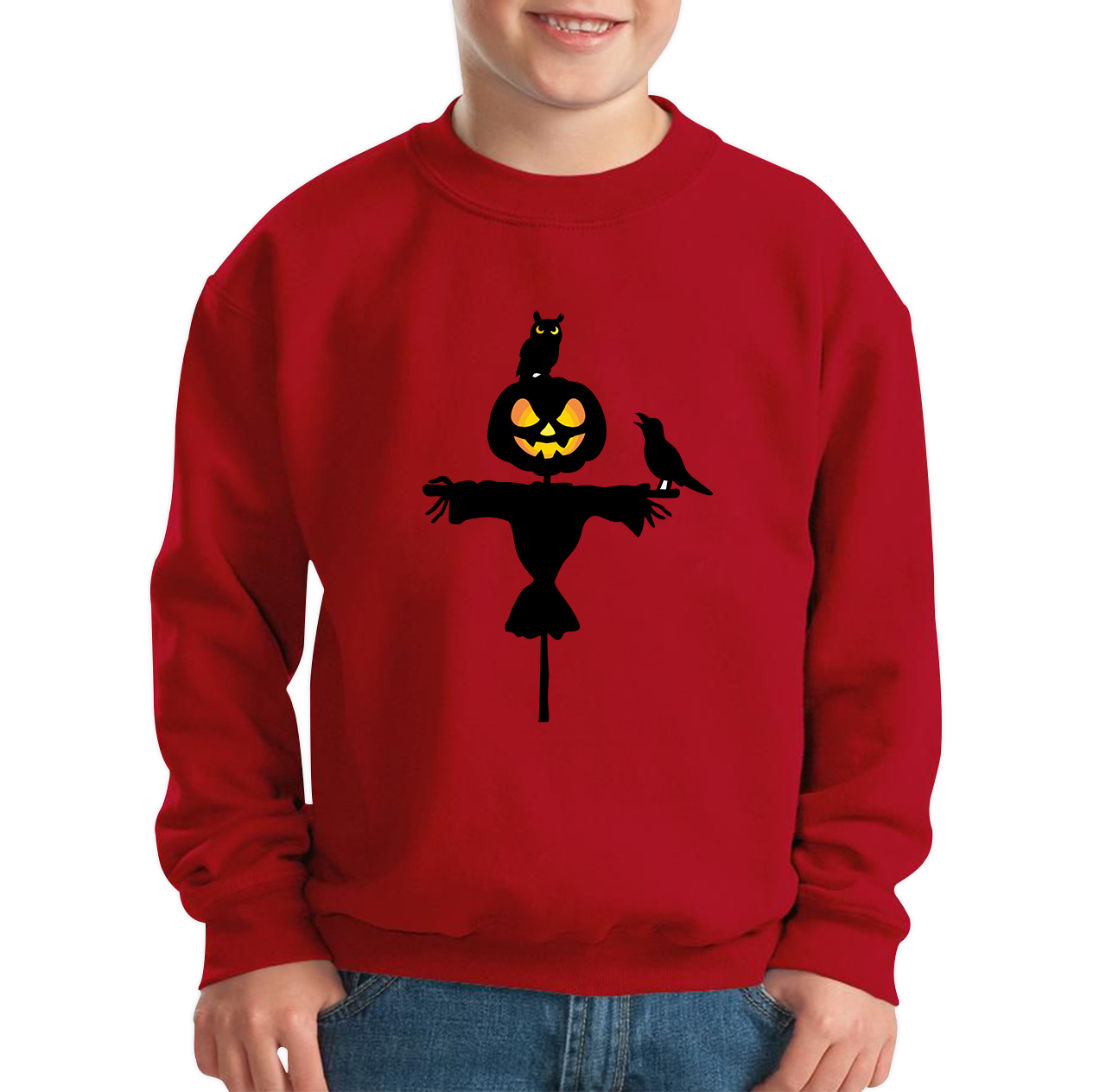 Scarecrow With Owl And Raven Halloween Pumpkin Head Horror Scary Kids Jumper