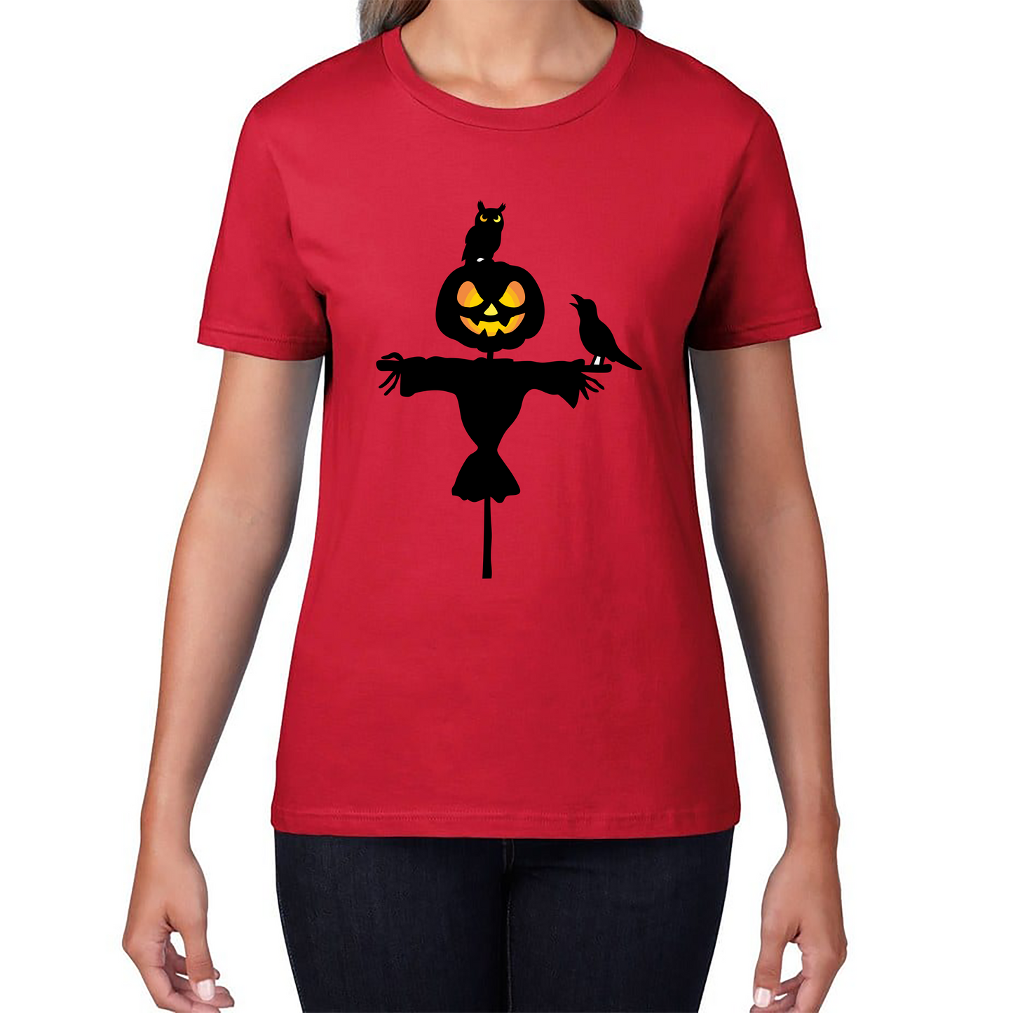 Scarecrow With Owl And Raven Halloween Pumpkin Head Horror Scary Womens Tee Top