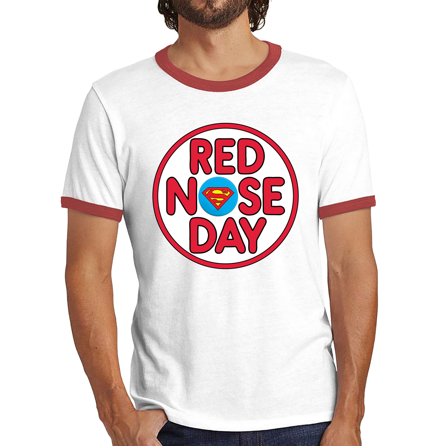 Superman Red Nose Day Ringer T Shirt. 50% Goes To Charity