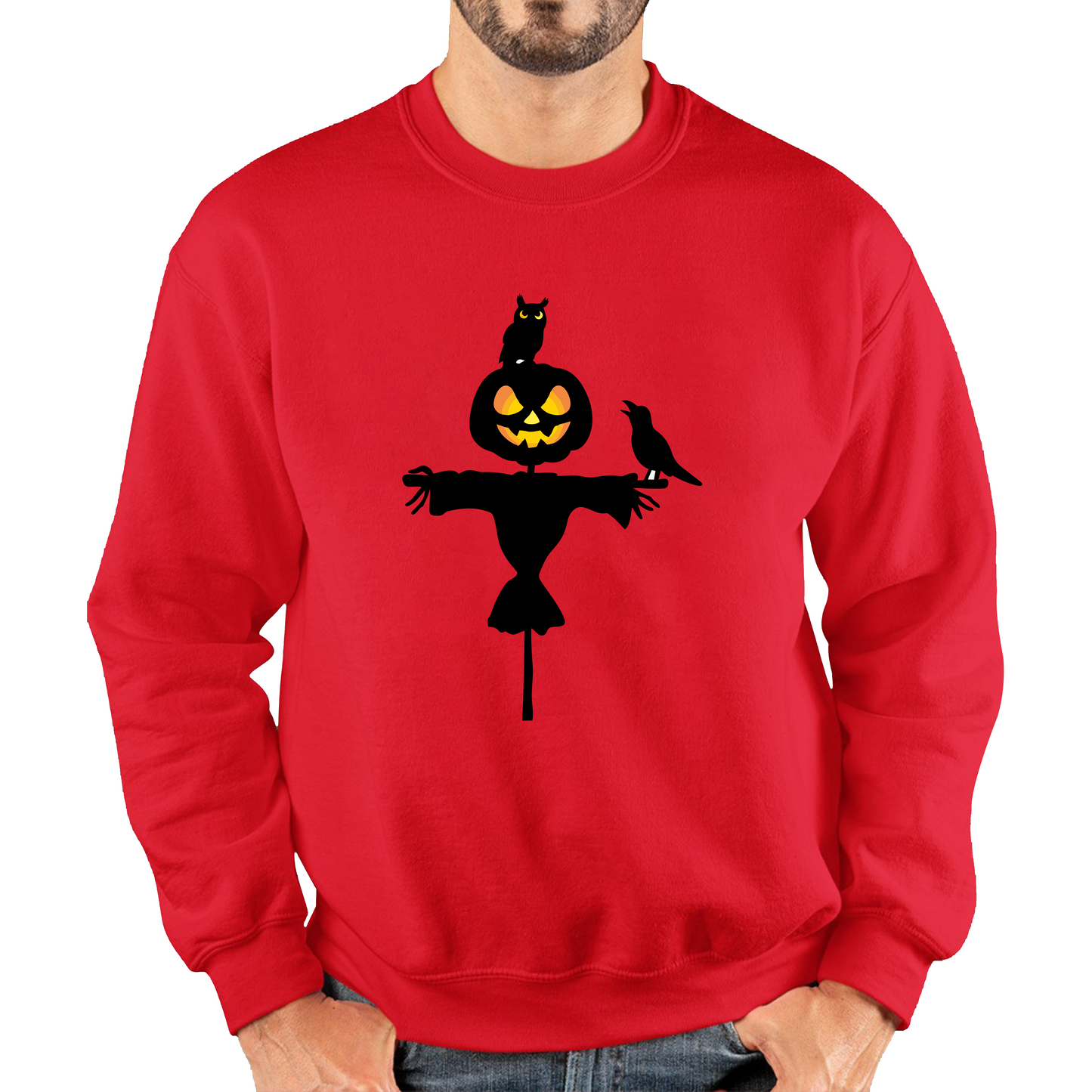Scarecrow With Owl And Raven Halloween Pumpkin Head Horror Scary Unisex Sweatshirt