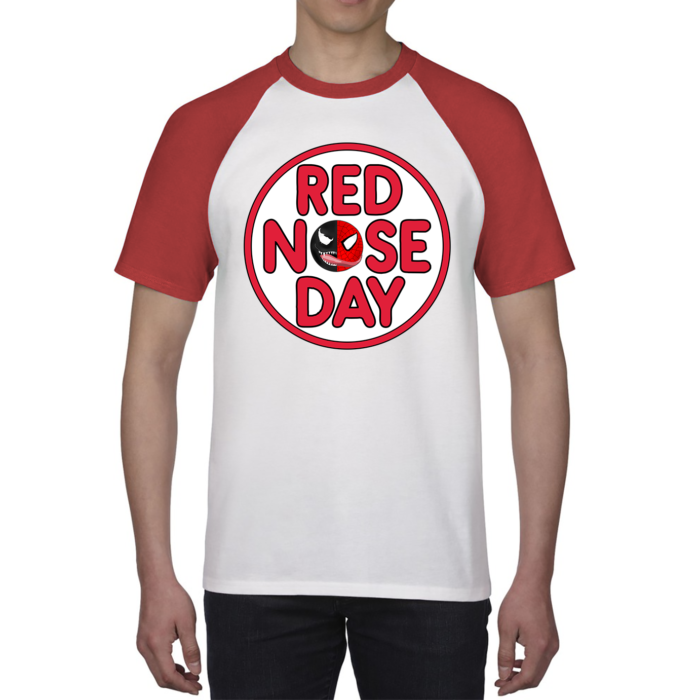 Marvel Venom Spiderman Red Nose Day Baseball T Shirt. 50% Goes To Charity