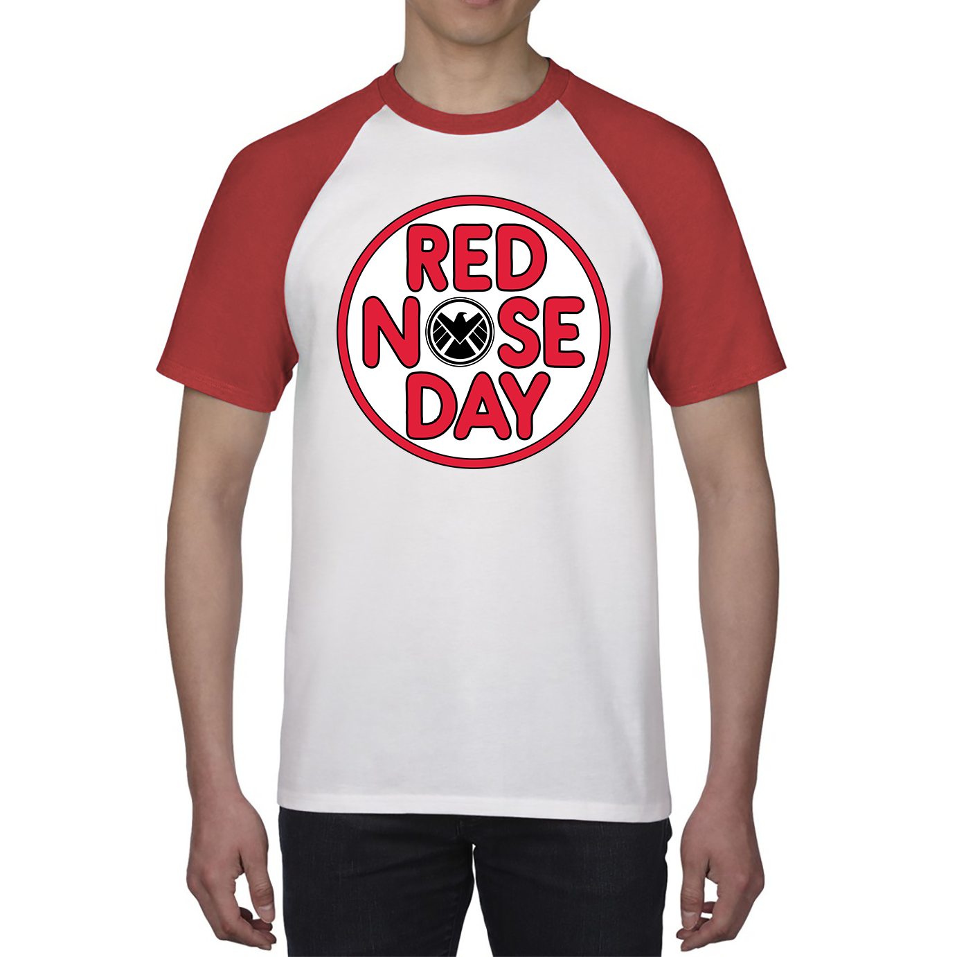 Marvel Shield Red Nose Day Baseball T Shirt. 50% Goes To Charity