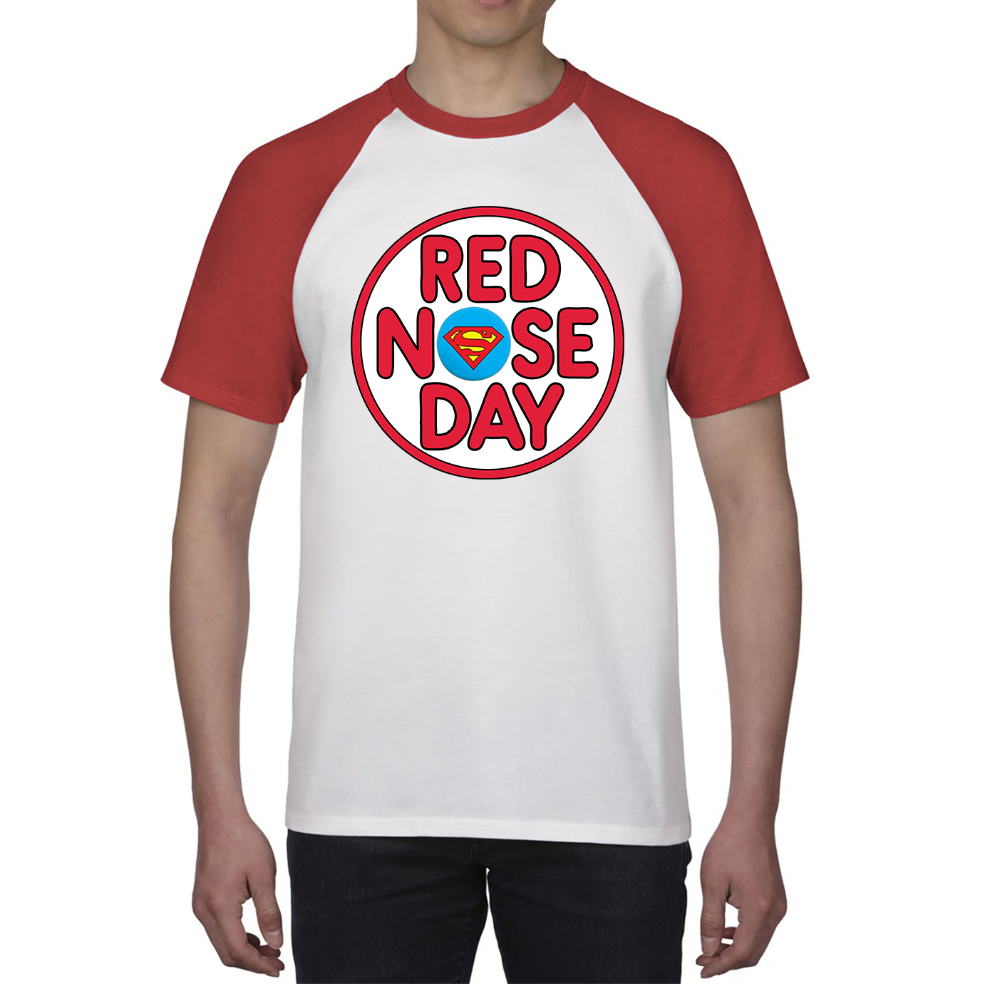 Superman Red Nose Day Baseball T Shirt. 50% Goes To Charity
