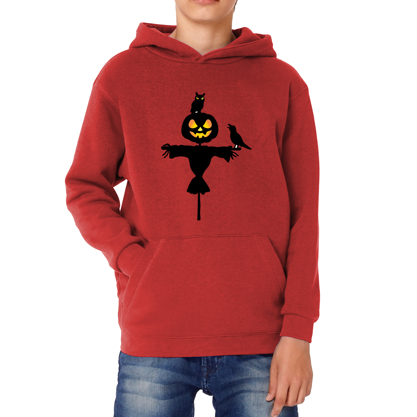 Scarecrow With Owl And Raven Halloween Pumpkin Head Horror Scary Kids Hoodie