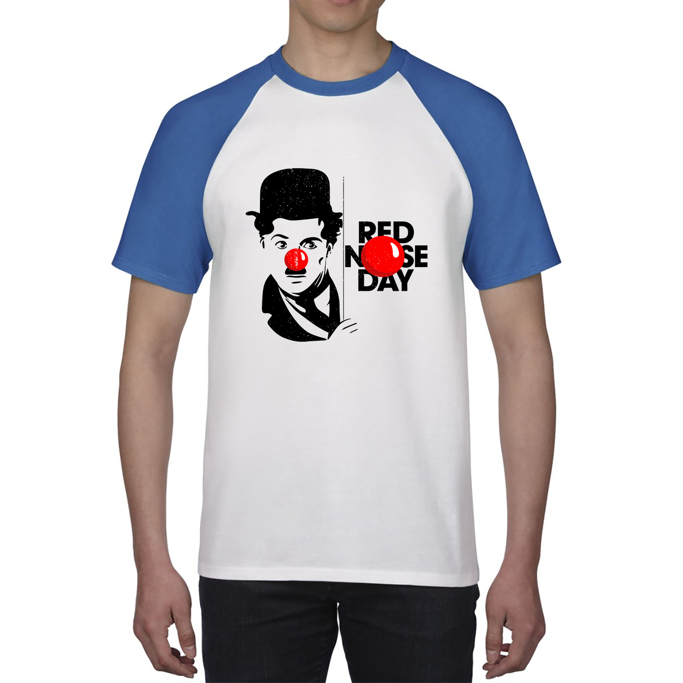 Charlie Chaplin Funny Red Nose Day Baseball T Shirt. 50% Goes To Charity