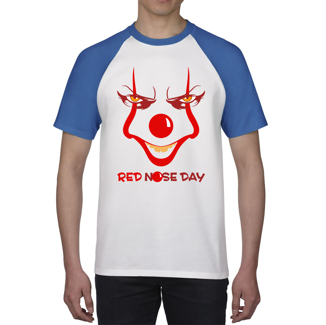 Pennywise Clown Face Red Nose Day Funny Comic Relief Baseball T Shirt. 50% Goes To Charity
