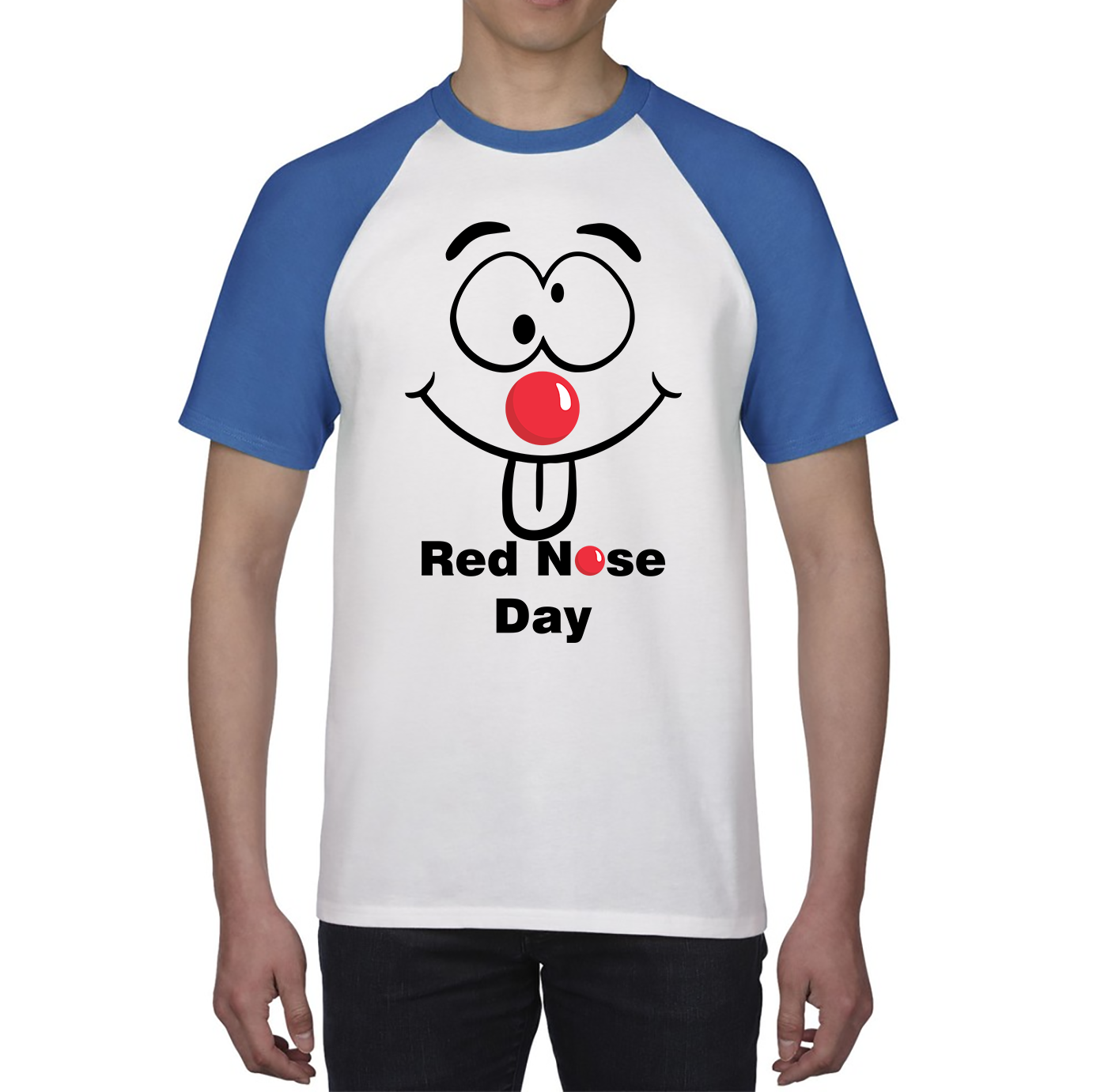 Funny Emoji Face Red Nose Day Baseball T Shirt. 50% Goes To Charity
