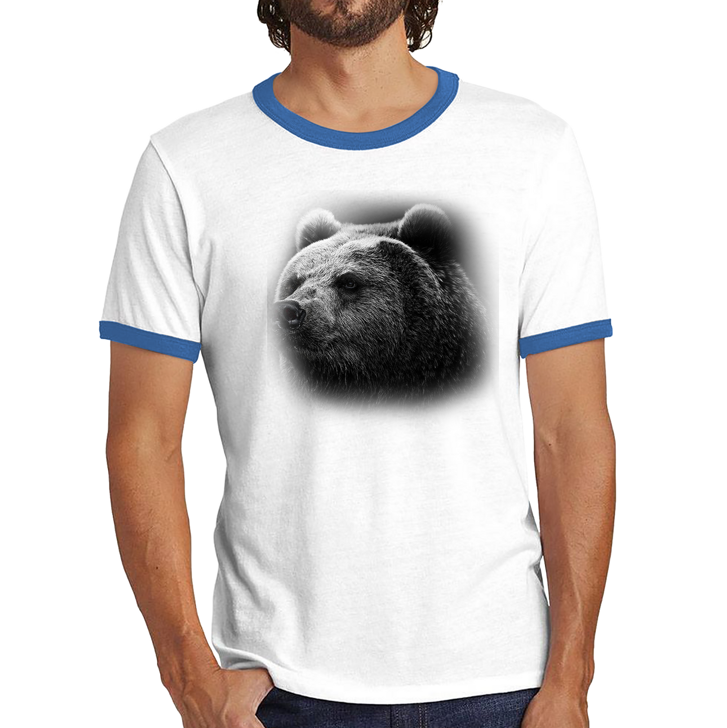 Bear Big Face Shirt Big Print Full On Front Animals Lovers Cute Bear Ringer T Shirt