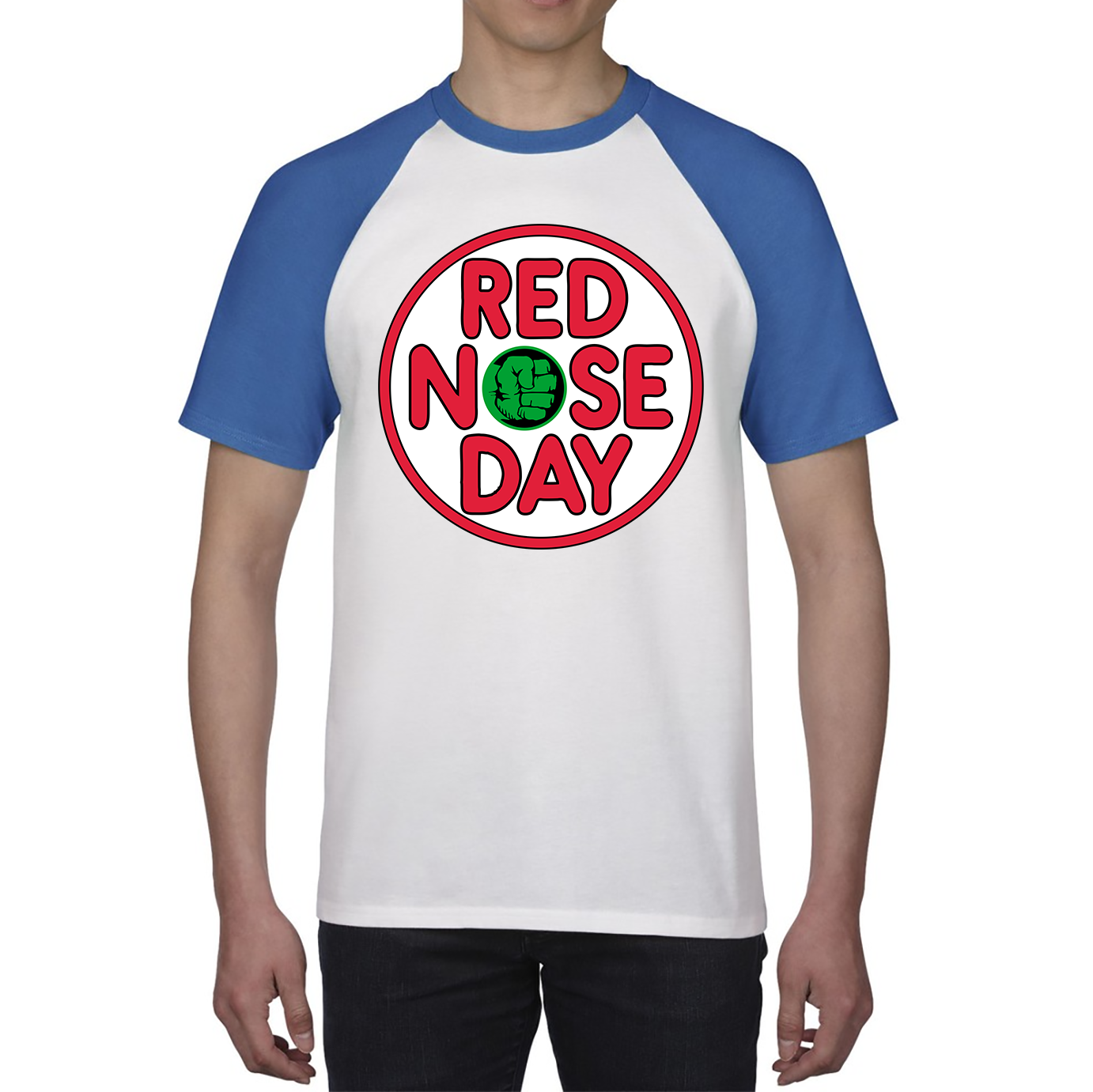 Marvel Avengers Hulk Hand Red Nose Day Baseball T Shirt. 50% Goes To Charity