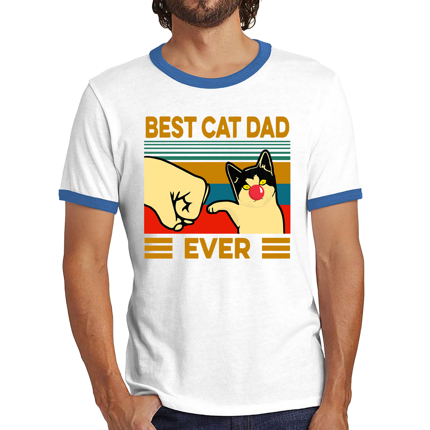 Best Cat Dad Ever Red Nose Day Ringer T Shirt. 50% Goes To Charity