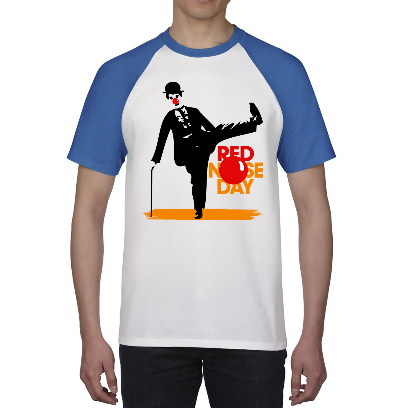 Charlie Chaplin Funny Red Nose Day Baseball T Shirt. 50% Goes To Charity