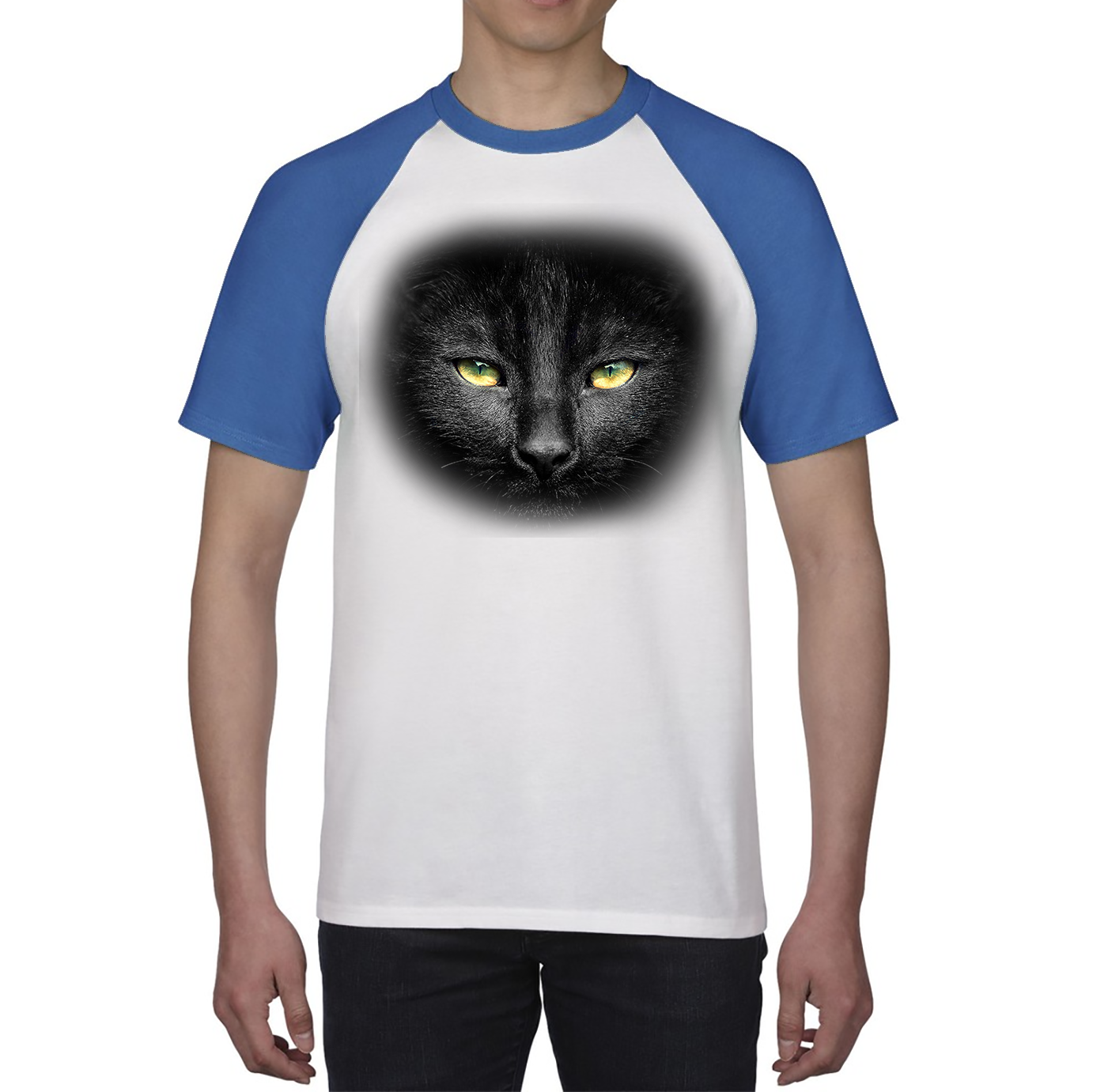 Black Cat Yellow Eyes Shirt Big Print Full-On Front Spooky Horror Scary Black Cat Baseball T Shirt