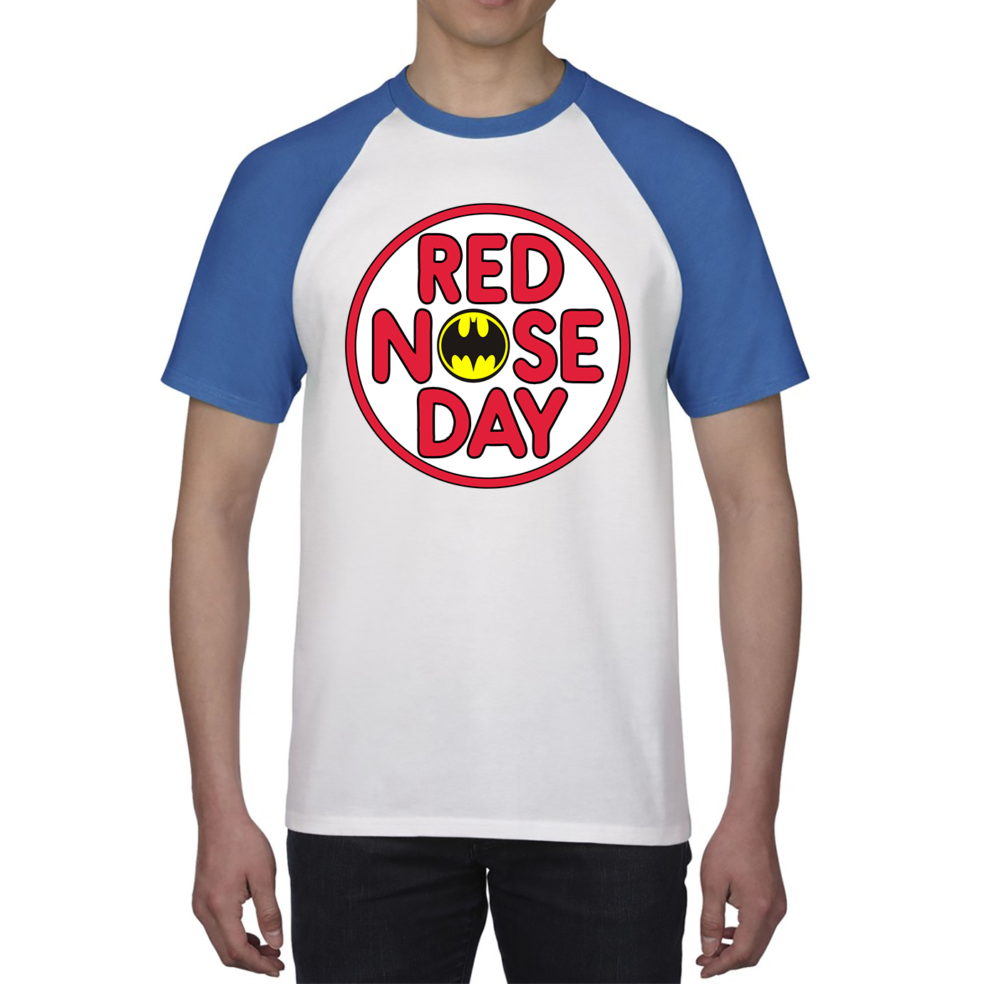 Batman Red Nose Day Baseball T Shirt. 50% Goes To Charity