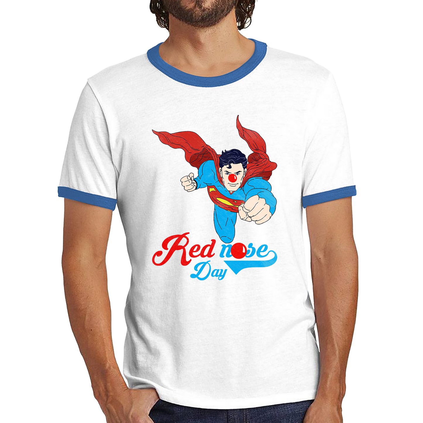 Flying Superman Red Nose Day Comic Superhero Ringer T Shirt. 50% Goes To Charity