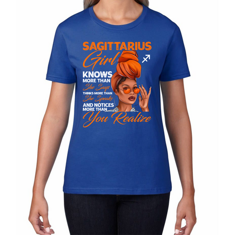 Sagittarius Girl Knows More Than Think More Than Horoscope Zodiac Astrological Sign Birthday Womens Tee Top