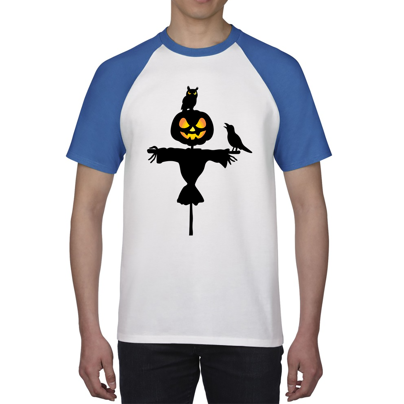 Scarecrow With Owl And Raven Halloween Pumpkin Head Horror Scary Baseball T Shirt