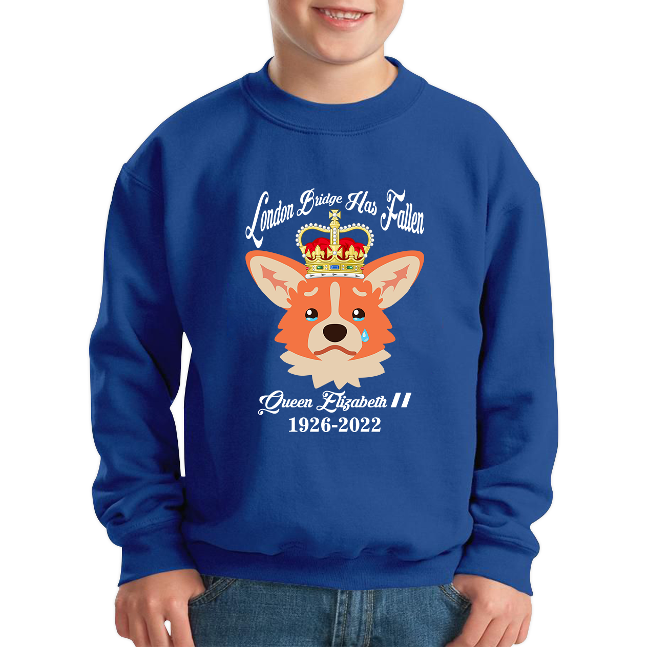 London Bridge Has Fallen Queen Elizabeth II Queen's Sad Corgi Dog Royal Highness Kids Jumper
