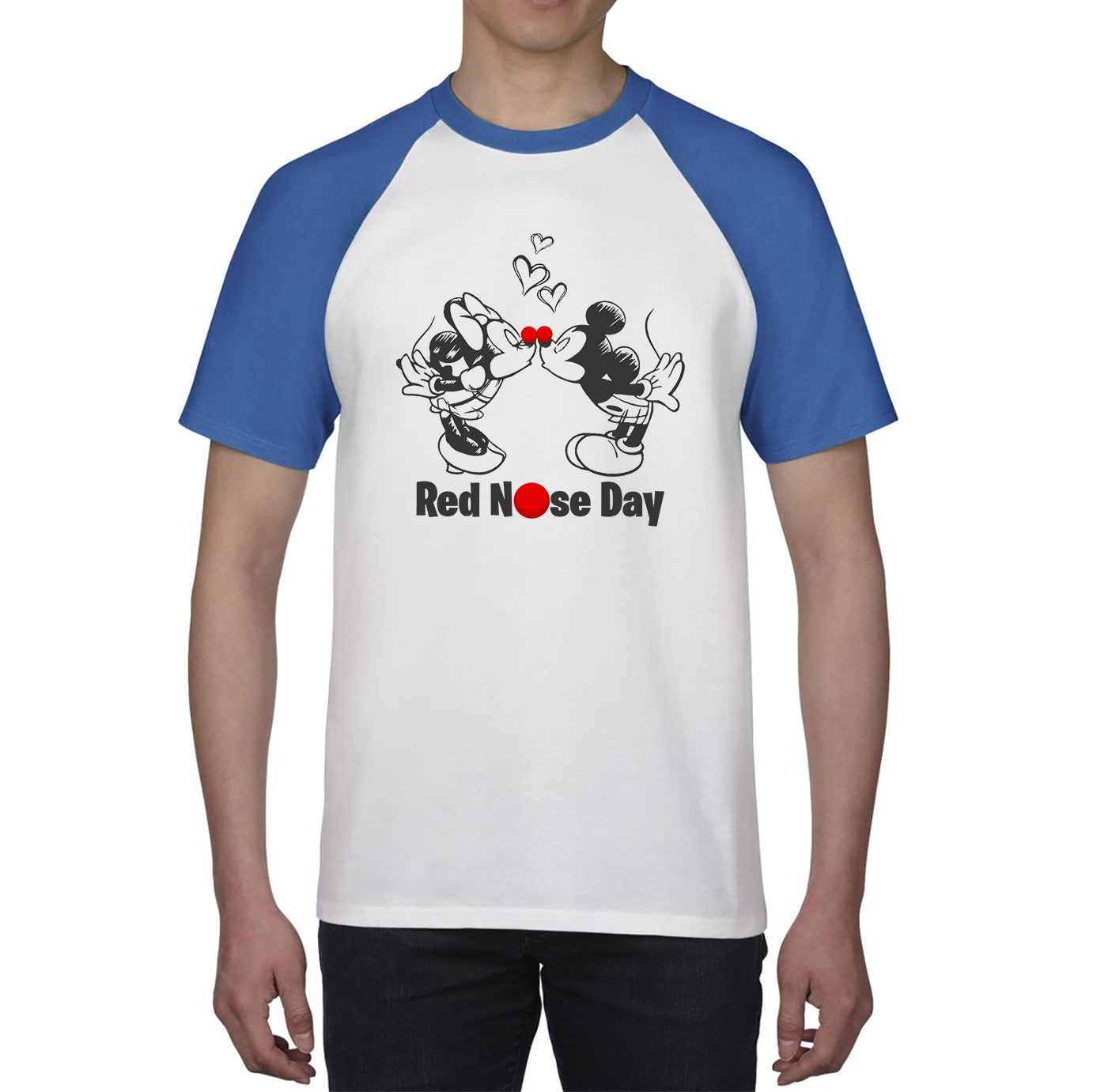 Disney Mickey And Minnie Mouse Red Nose Day Baseball T Shirt. 50% Goes To Charity