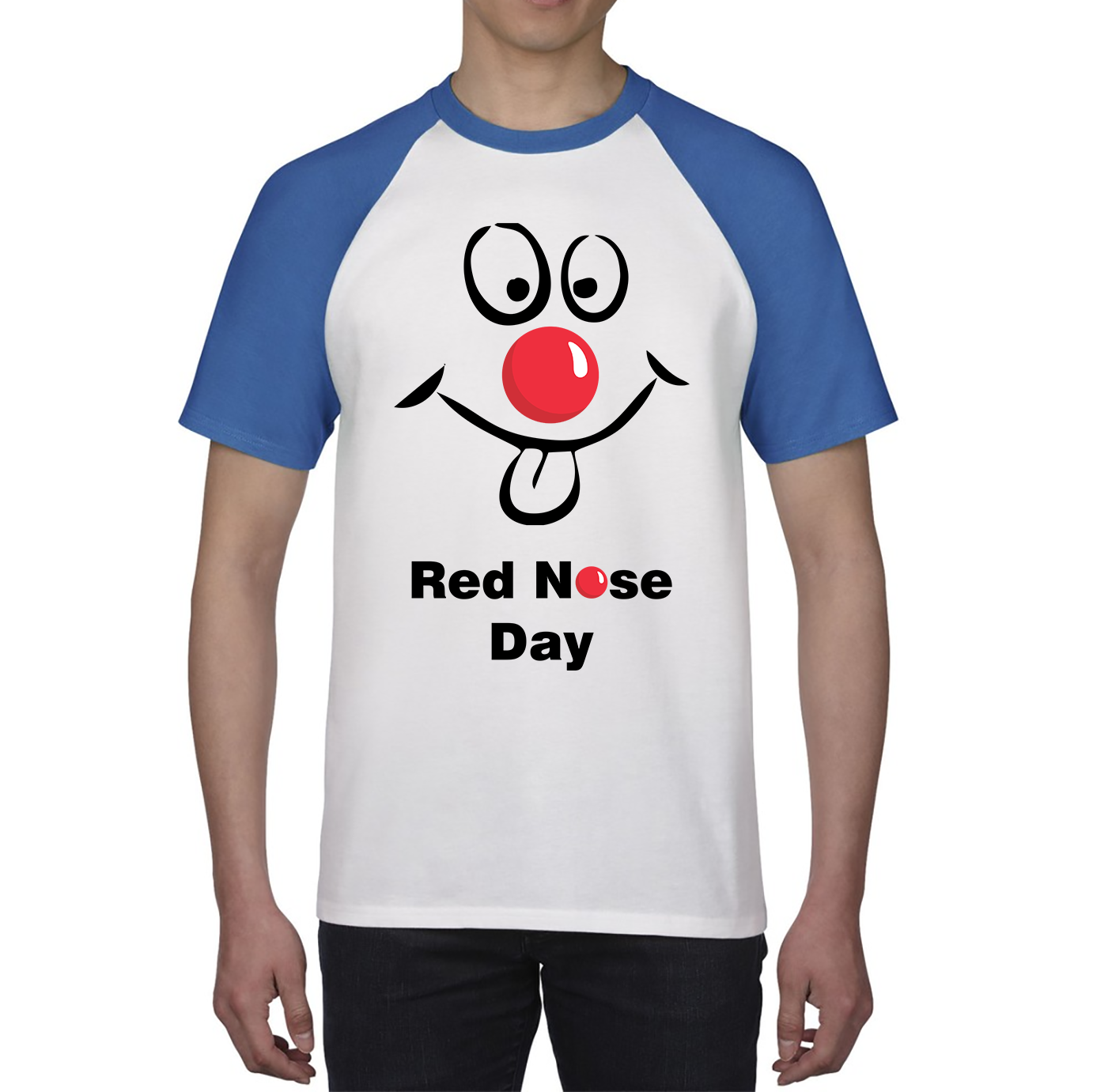 Funny Emoji Face Red Nose Day Baseball T Shirt. 50% Goes To Charity