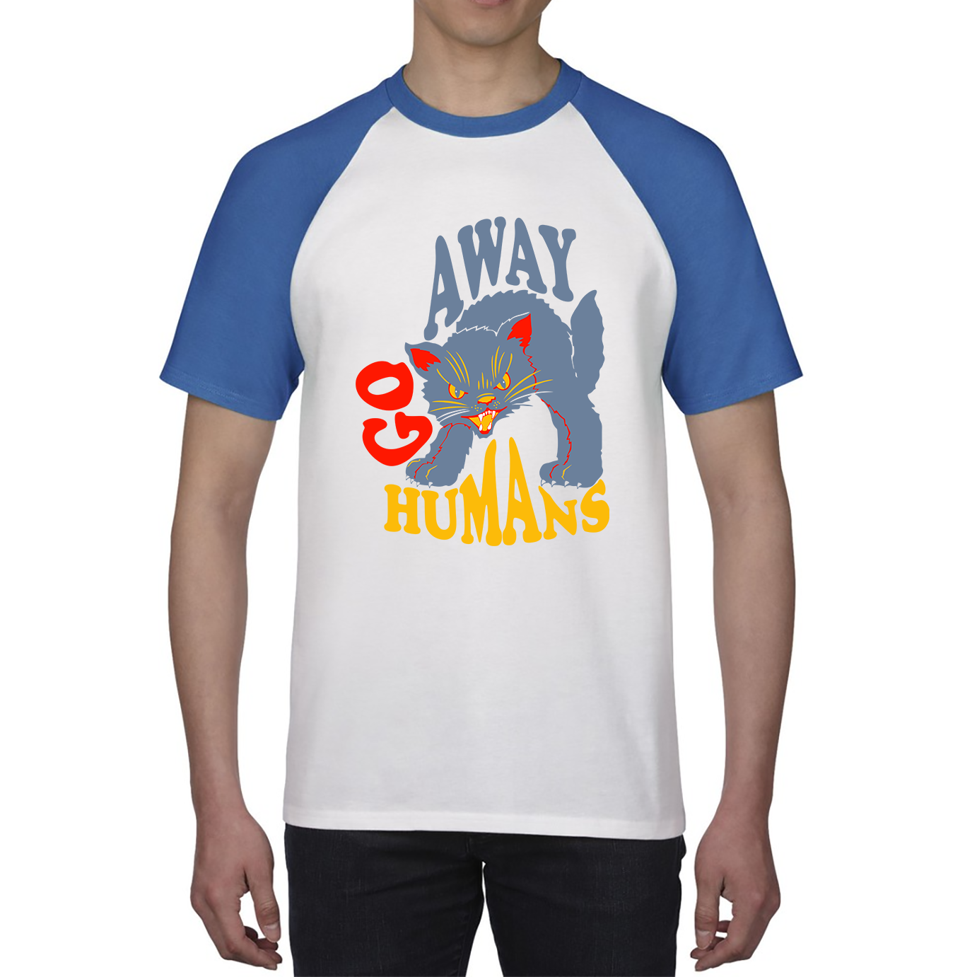 Go Away Humans Cat Halloween Horror Spooky Scary Costume Baseball T Shirt