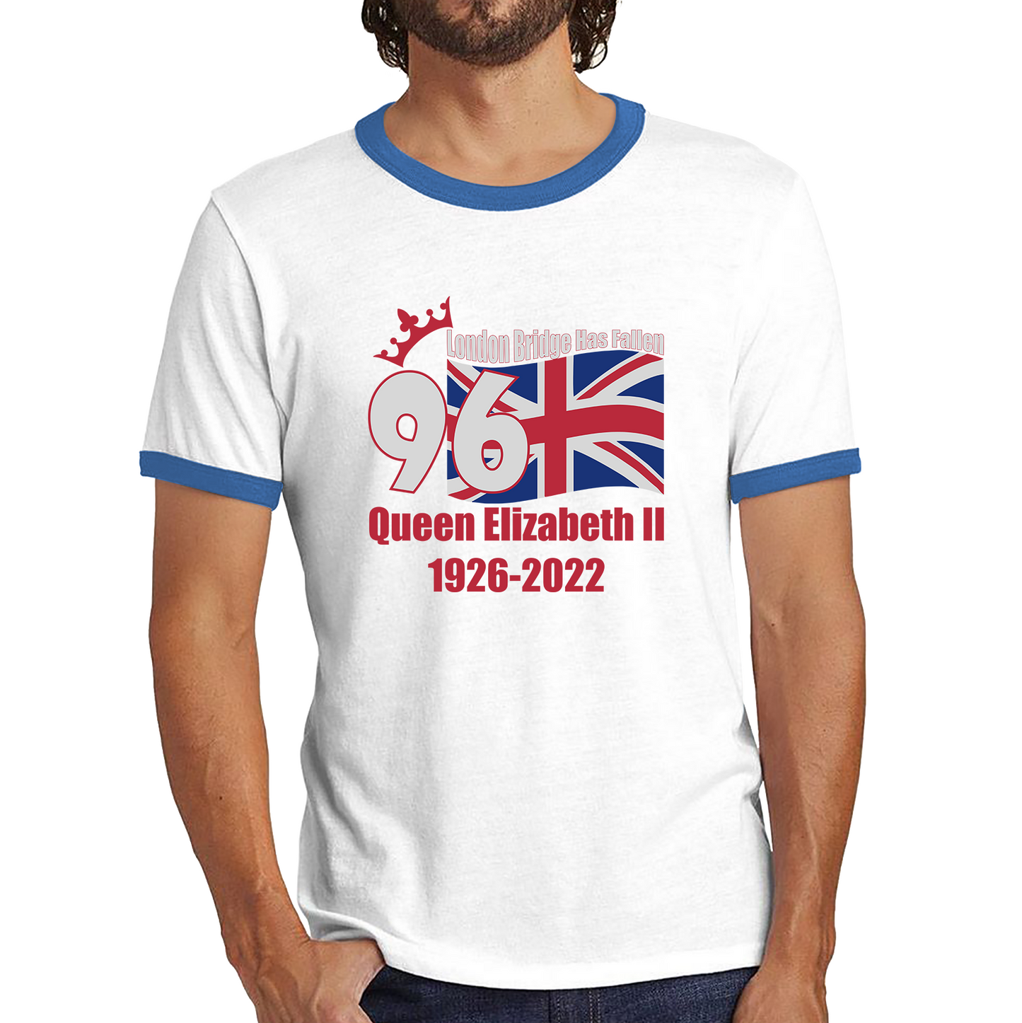 London Bridge Has Fallen 96 Years of Queen Elizabeth II Union Jack British Uk Flag Ringer T Shirt