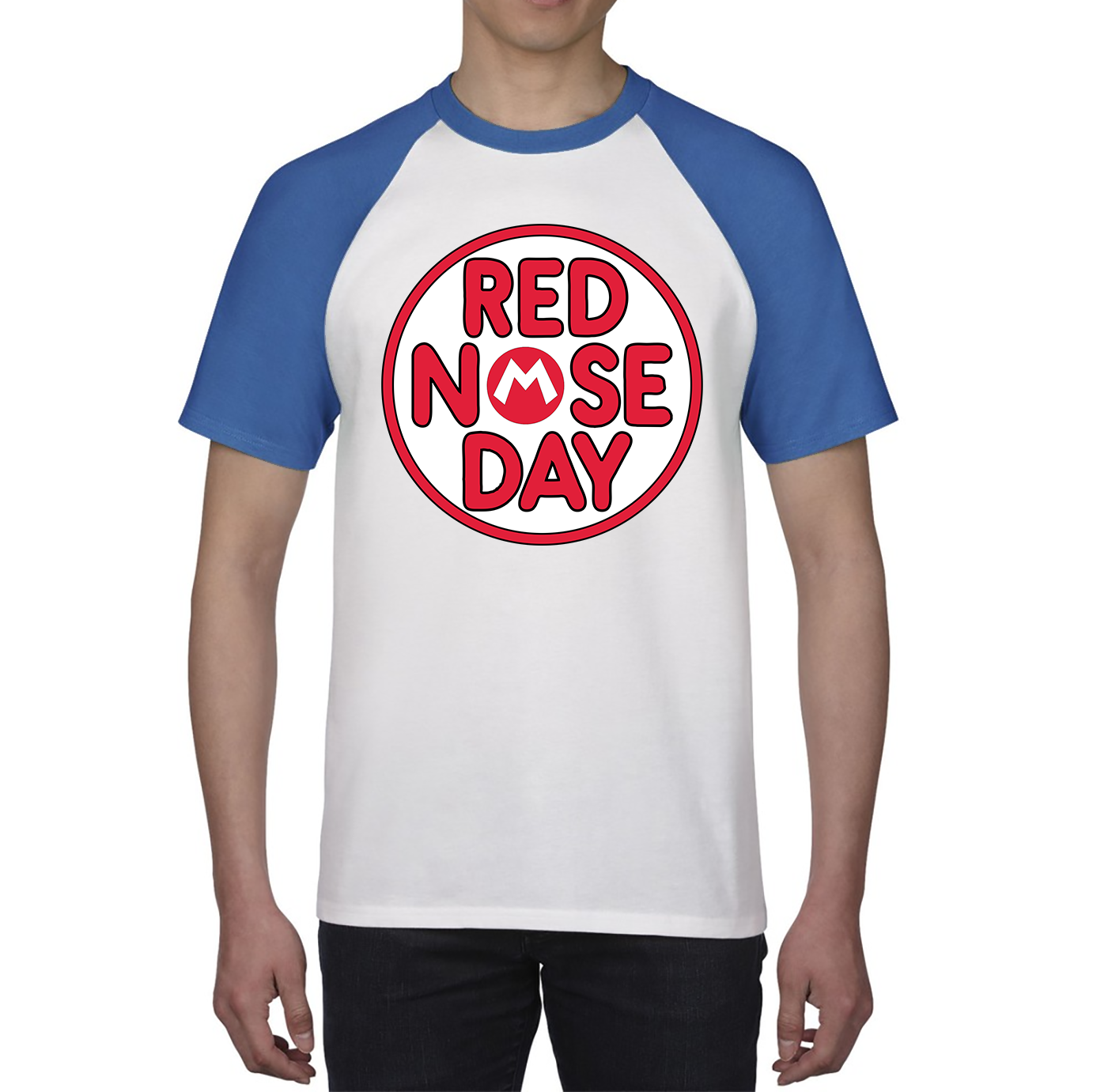 Super Mario Red Nose Day Baseball T Shirt. 50% Goes To Charity