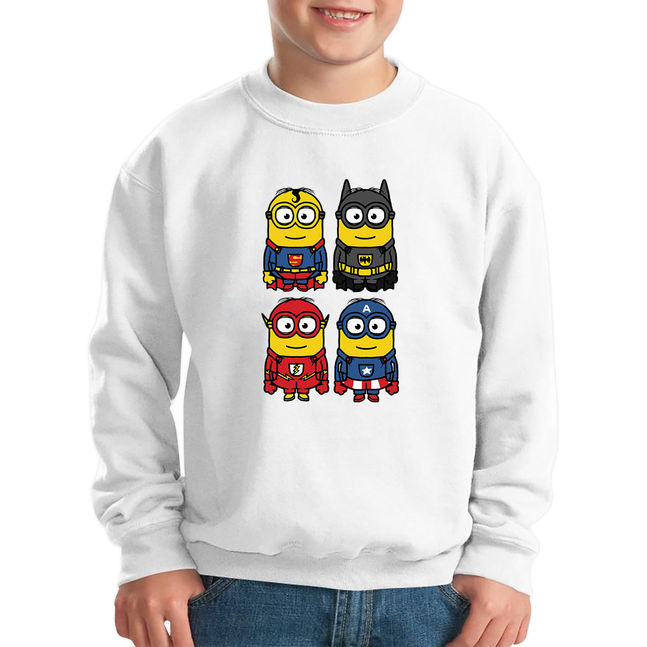 The 4 Minions Heros Super Minions Captain America Batman Superman Riddler The Flash Dc Minions Parody Pop Art Kids Jumper