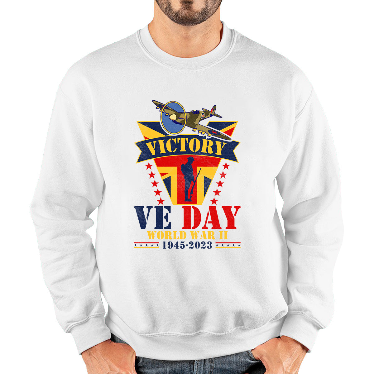 VE Day Victory In Europe End Of World War II 1945-2023 Anniversary Remembrance Day Soldier Spitfire British Fighter Aircraft UK Flag Unisex Sweatshirt