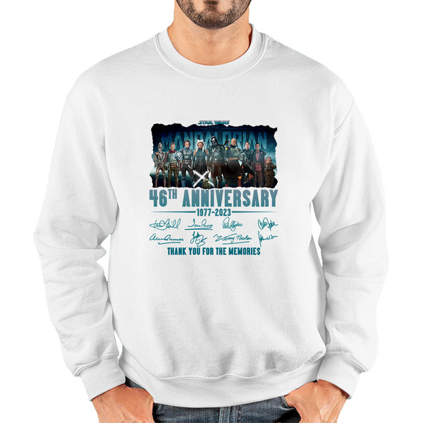 Disney Star Wars Day 46th Anniversary 1977-2023 The Mandalorian Characters Signatures Thank You For The Memories Unisex Sweatshirt