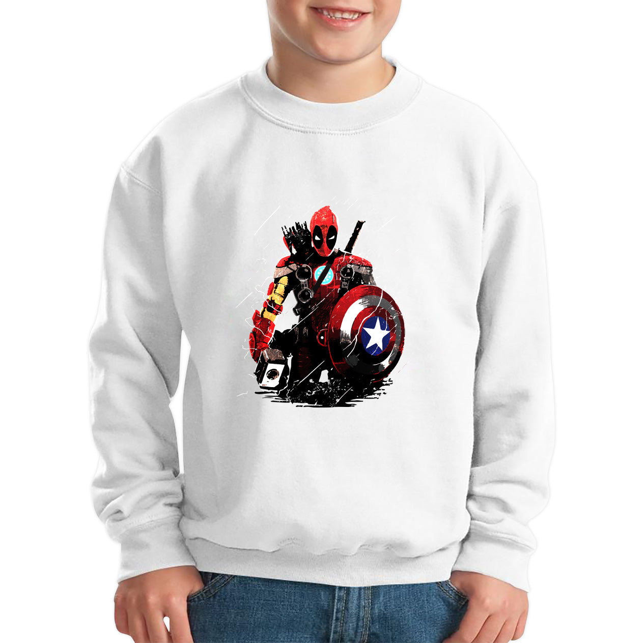 Deadpool With All Marvel Superhero Weapons Captain America, Spired-man, Iron Man, Deadpool, Thor, And Hawkeye Kids Jumper