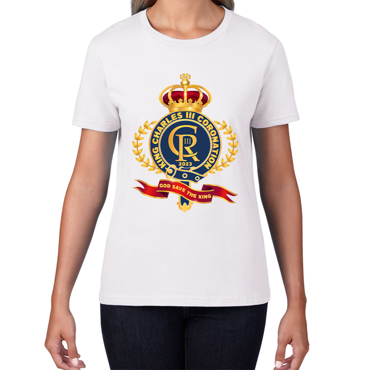 King Charles III Coronation 2023 CR III God Save The King Royal Crown United Kingdom Ruling Monarch Womens Tee Top