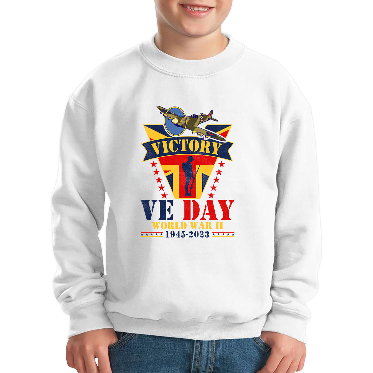 VE Day Victory In Europe End Of World War II 1945-2023 Anniversary Remembrance Day Soldier Spitfire British Fighter Aircraft UK Flag Kids Jumper