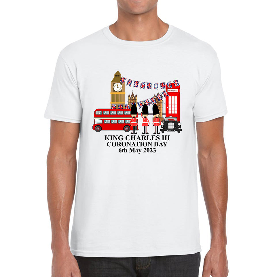 King Charles III Coronation Day 6th May 2023 Great Britain Big Ben Tower Telephone Booth And Red Bus London England Flag Mens Tee Top