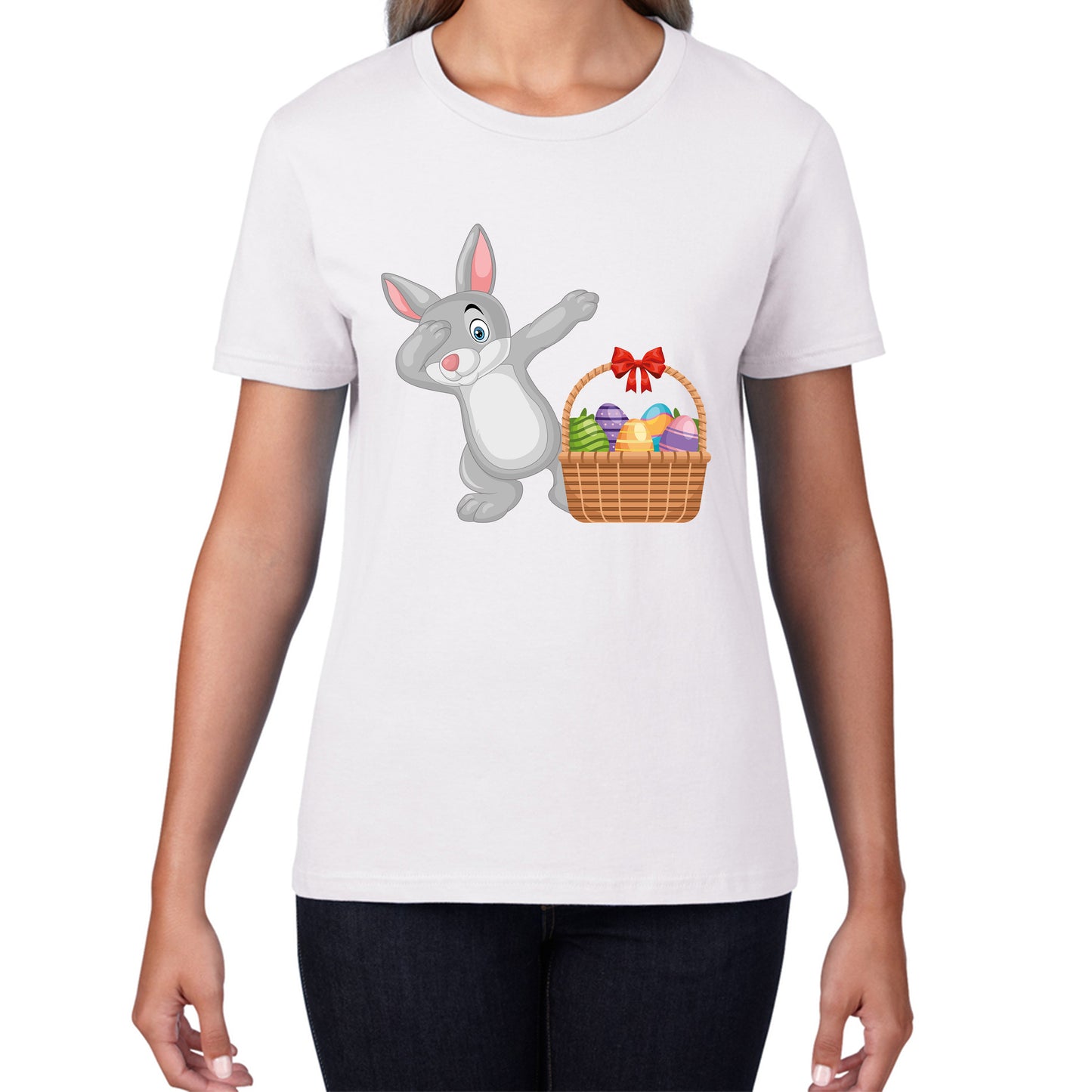 Dabbing Bunny With Eggs Basket Happy Easter Day Cute Rabbit Bunny Easter Day Womens Tee Top