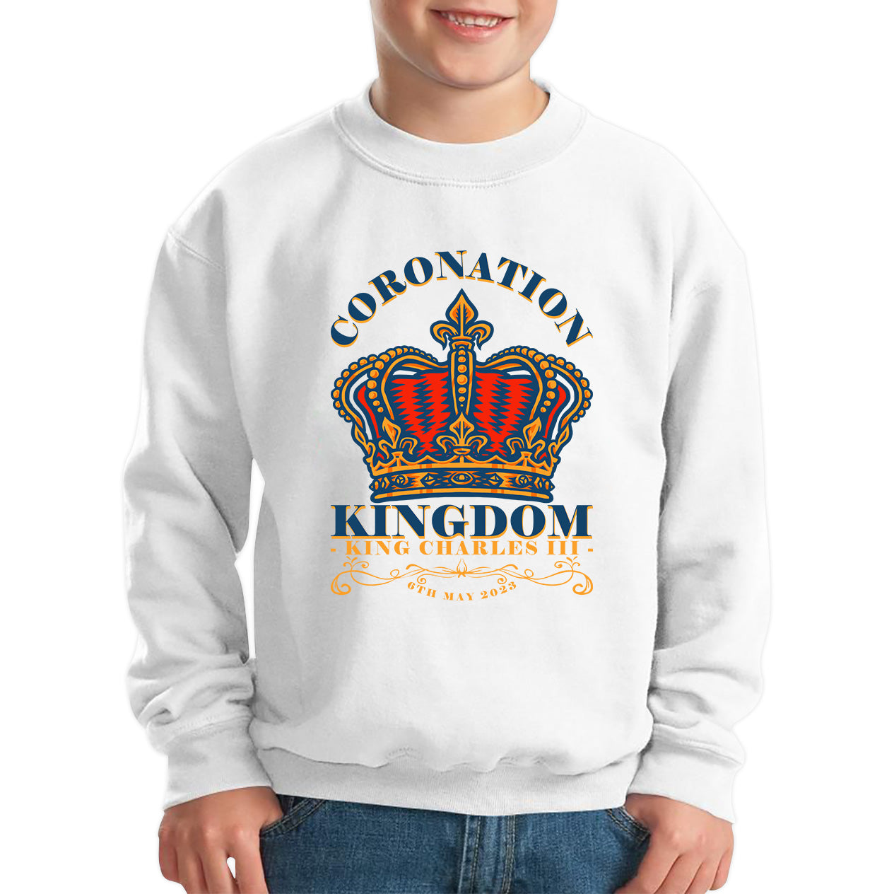 Coronation Kingdom King Charles III 6th May 2023 Royal Crown CR III His Majesty Union Jack Kids Jumper