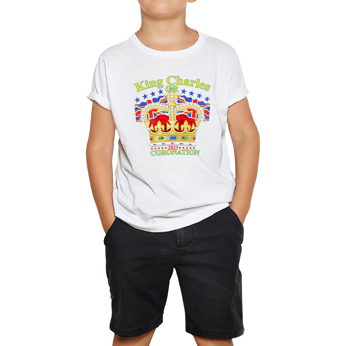 King Charles III 2023 Coronation Royal Crown UK Ruling Monarch CR III Great Britain Pride Kids T Shirt