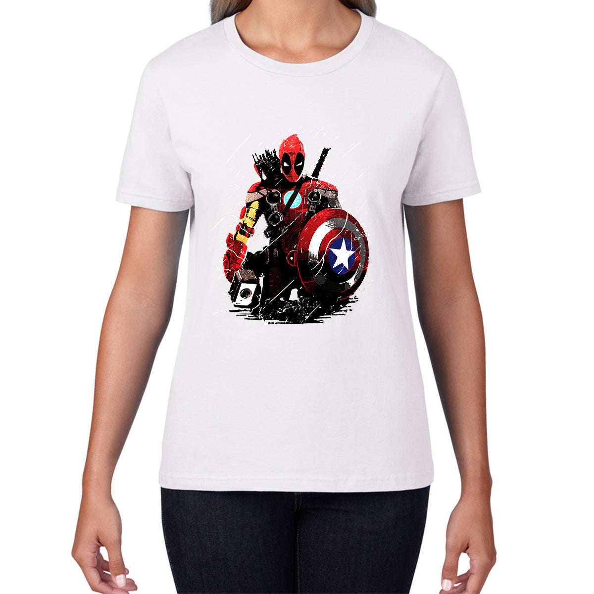 Deadpool With All Marvel Superhero Weapons Captain America, Spired-man, Iron Man, Deadpool, Thor, And Hawkeye Womens Tee Top