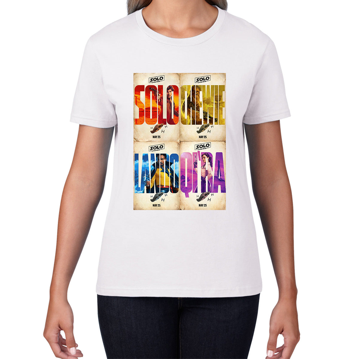 Solo A Star Wars Story Posters Solo Chewie Lando Qira Sci-fi Action Adventure Movie Characters Star Wars Galaxy's Edge Trip Womens Tee Top