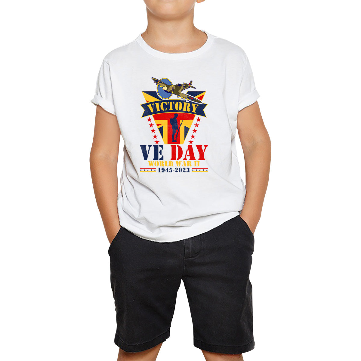 VE Day Victory In Europe End Of World War II 1945-2023 Anniversary Remembrance Day Soldier Spitfire British Fighter Aircraft UK Flag Kids T Shirt