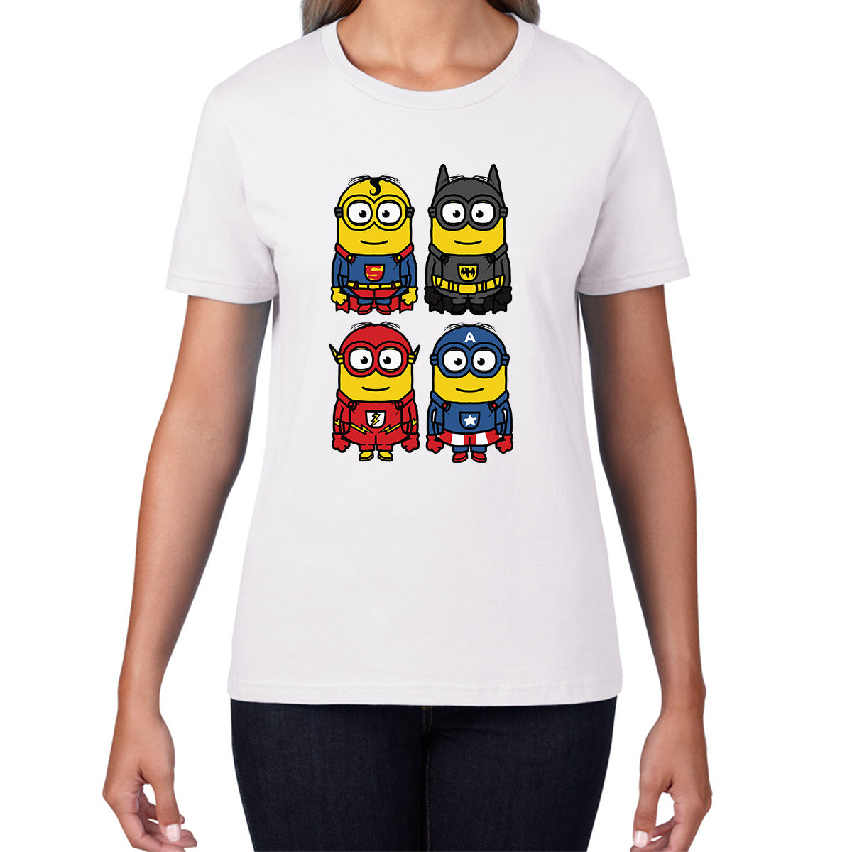 The 4 Minions Heros Super Minions Captain America Batman Superman Riddler The Flash Dc Minions Parody Pop Art Womens Tee Top