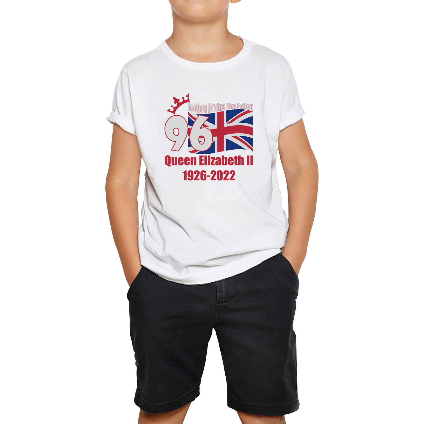 London Bridge Has Fallen 96 Years of Queen Elizabeth II Union Jack British Uk Flag Kids Tee