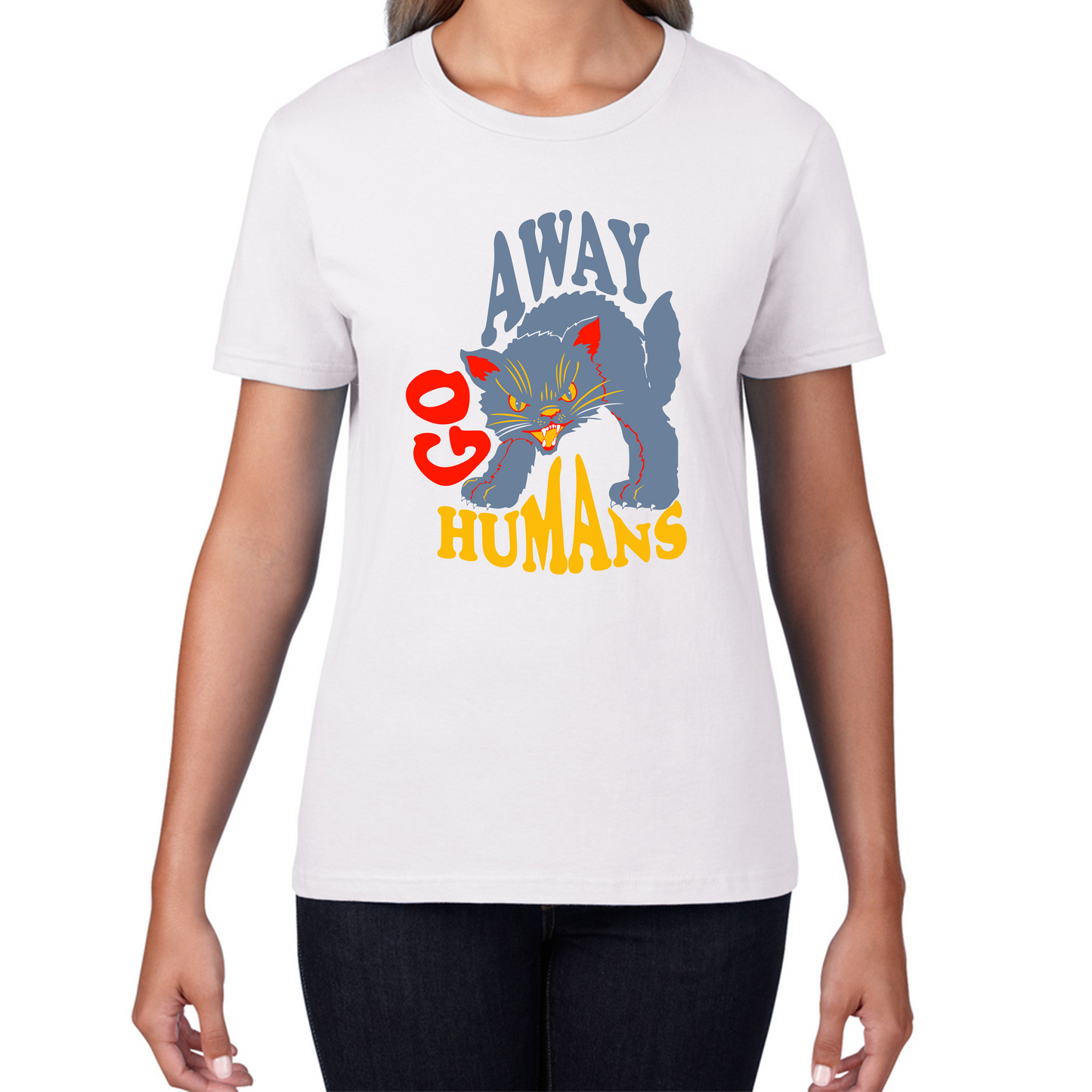 Go Away Humans Cat Halloween Horror Spooky Scary Costume Womens Tee Top